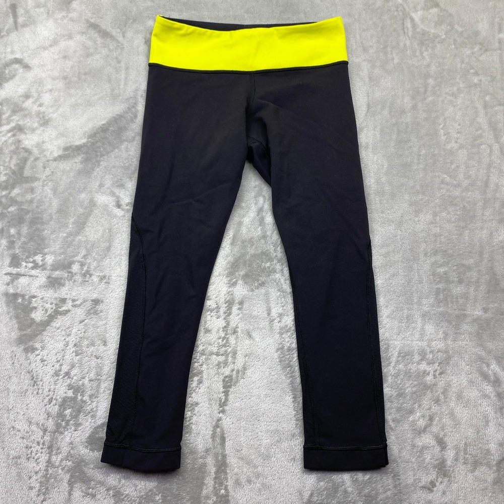 Lululemon Groove Crop Leggings Black Neon Yellow Waistband Mesh Detail Womens S‎